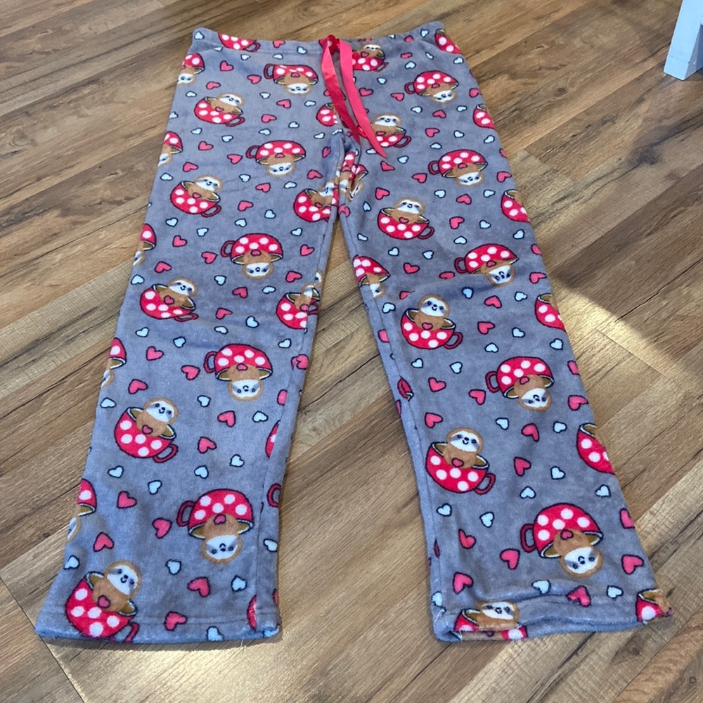 Bobbie Brooks Gray Sloth Pajama Pants with Red Mushrooms